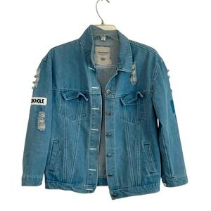 Aieryiyi Women's Small Distressed Denim Jacket Light Patch Moto Boho Streetwear